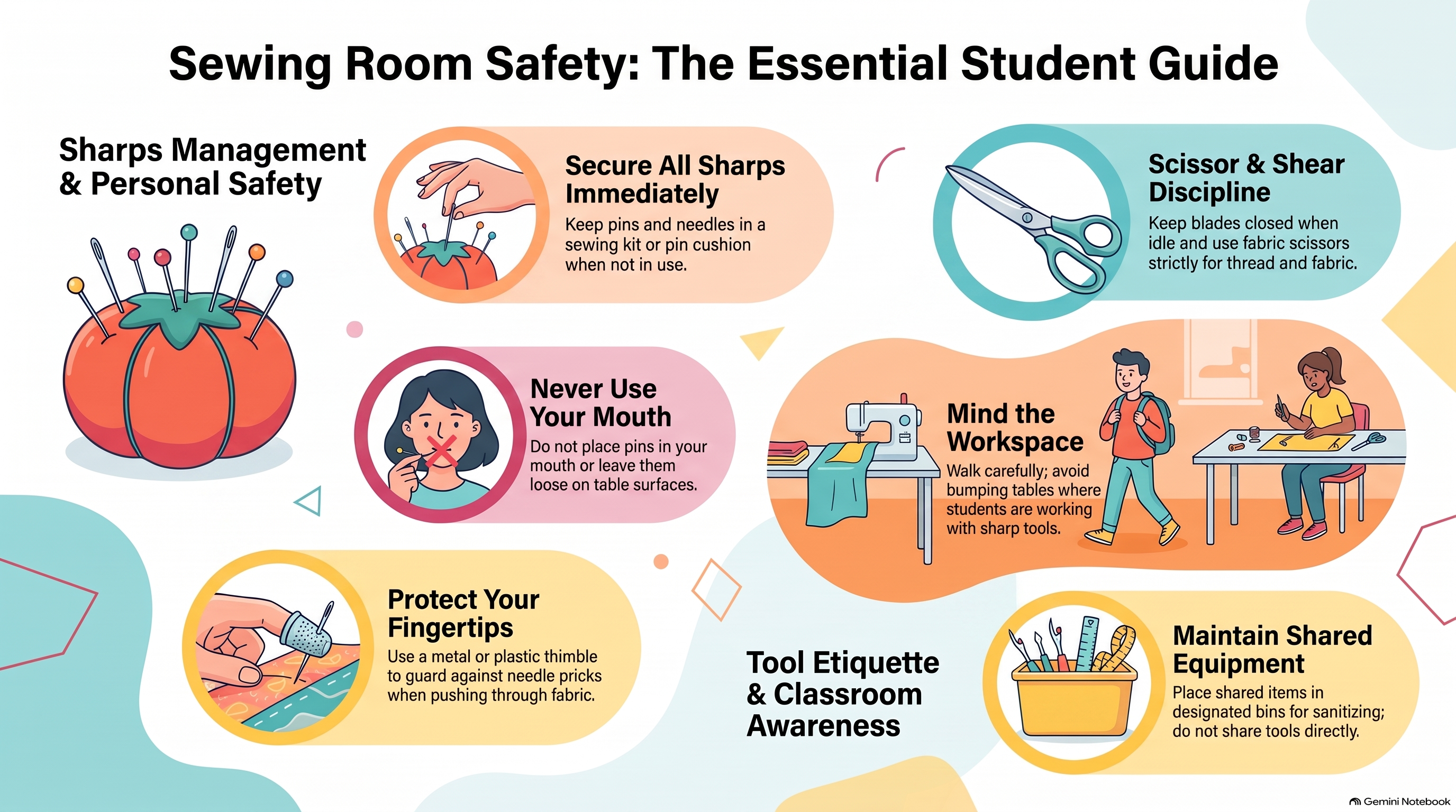 Sewing Room Safety: The Essential Student Guide — sharps management, scissor discipline, workspace awareness, equipment maintenance